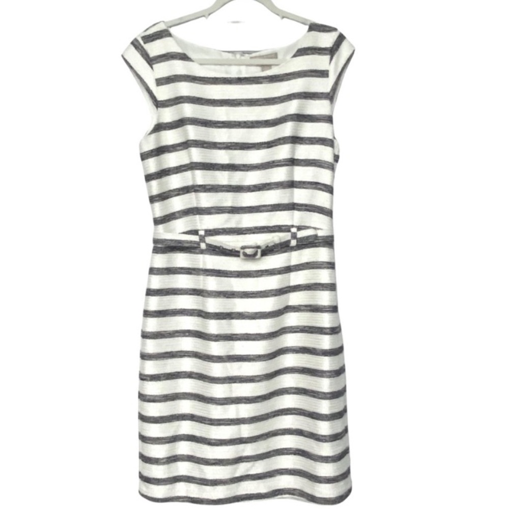 Banana Republic Women's White and Gray Striped Fit & Flare Midi Dress Size 4